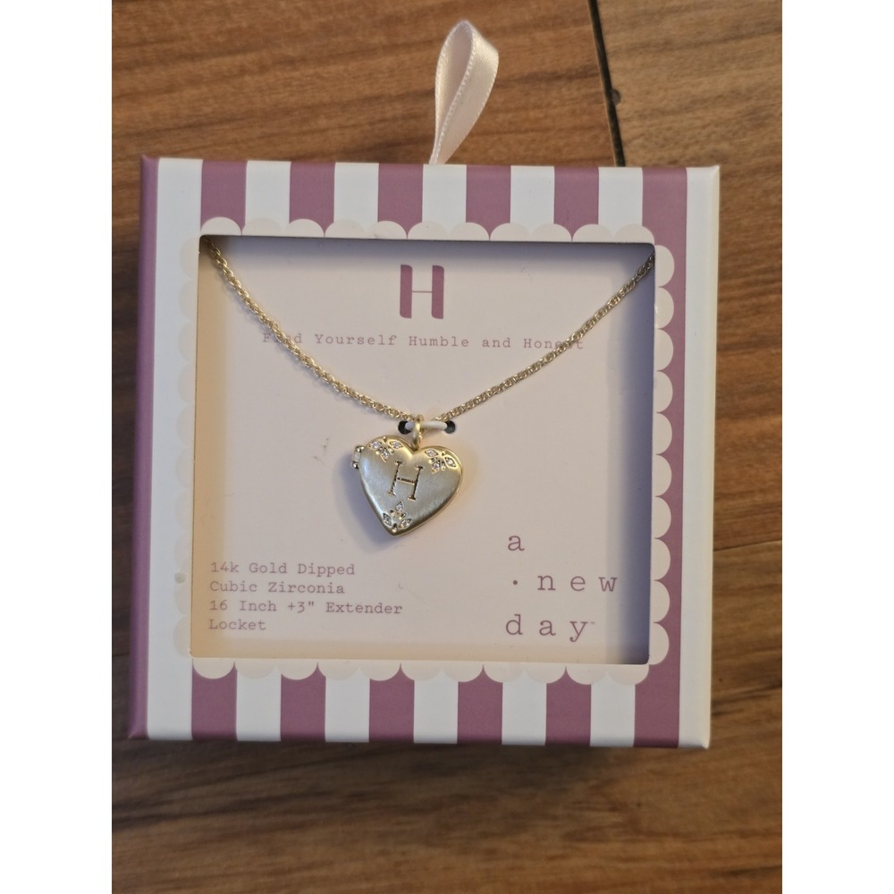 A New Day Initial H 14K Gold Dipped Heart Locket Necklace Cubic Zirconia 16" S31